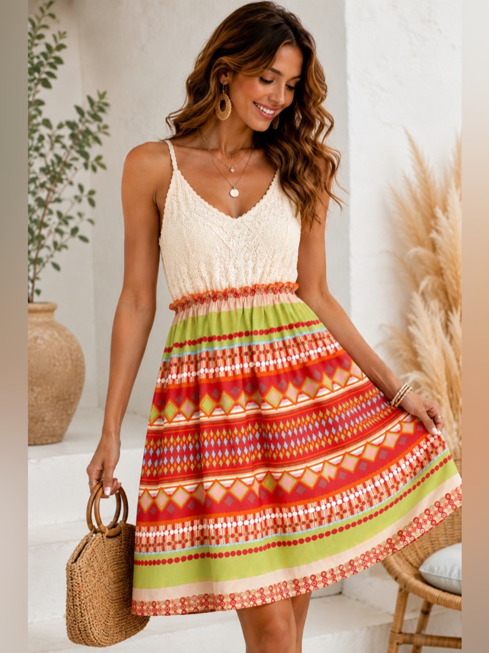 Boho Crochet‎ Bodice Sundress || Smocked Waist | Colorful Geometric Print